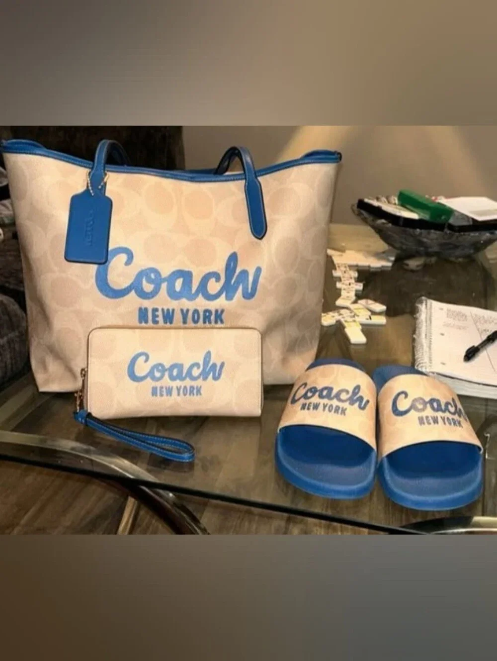 Coach Beige Canvas Tote with Bright Blue Trim and Matching Slides